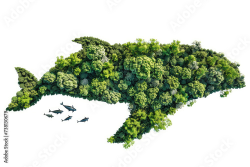 overhead view of a forest of trees in the shape of an whale, isolated against a white background