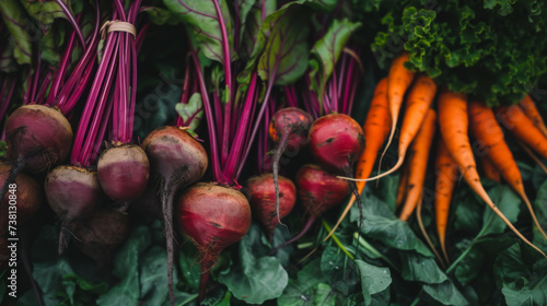 bunch of freshly harvested beets with vibrant pink stems and roots attached, positioned next to a bunch of orange carrots with green tops.