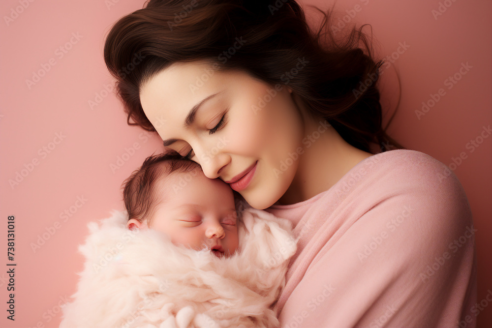 Photo of loving mum caring and holding sleeping infant newborn baby on hands generative ai Photo of loving mum caring and holding sleeping infant newborn baby on hands generative ai