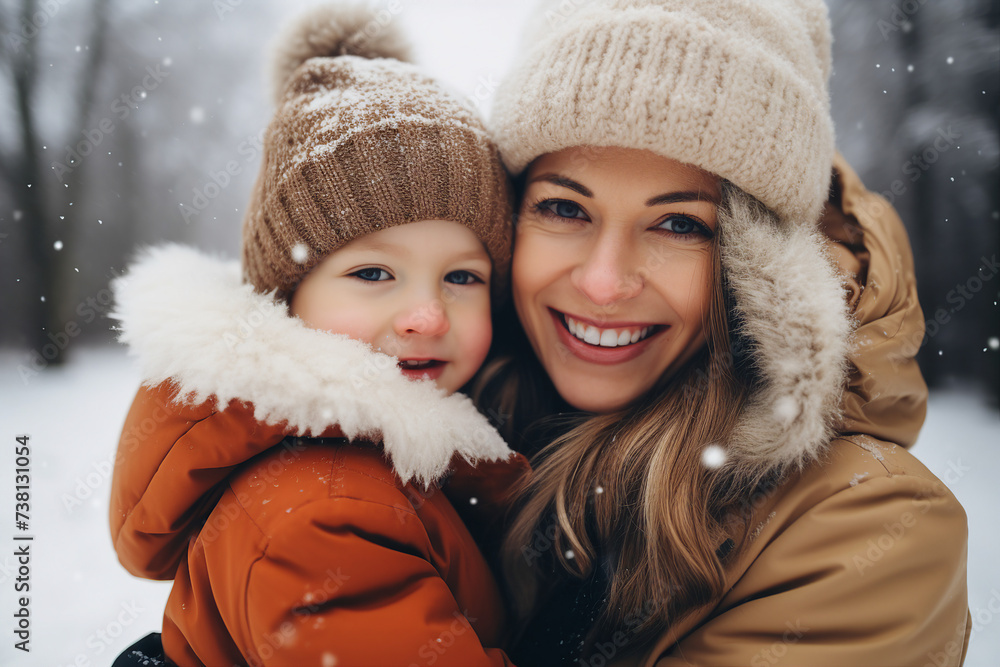 AI generated picture of mum and child walk together on a snowy street new year magic time outdoors AI generated picture of mum and child walk together on a snowy street new year magic time outdoors