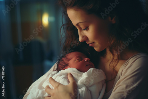 Photo of loving mum caring and holding sleeping infant newborn baby on hands generative ai photo
