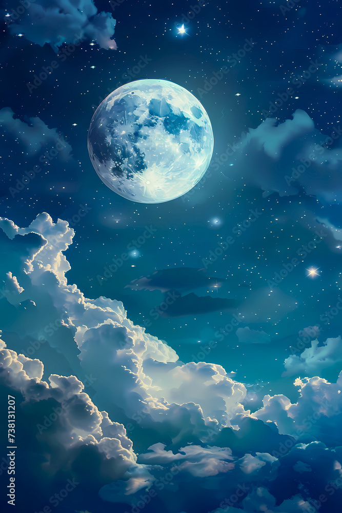 clouds and full moon in the night sky, magic illustration for kids books.
