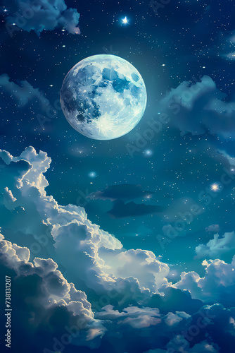 clouds and full moon in the night sky  magic illustration for kids books.