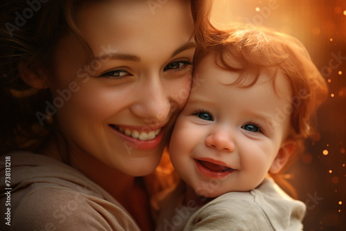 AI generated photo of happy loving mum caring of her child and spending time together