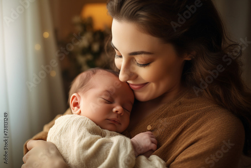 Photo of pure love charming mum holding on hands her sleeping infant newborn baby generative ai