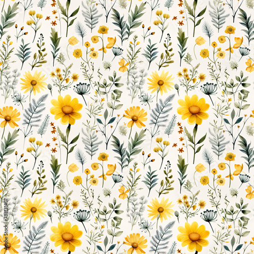 floral seamless watercolor pattern of yellow wild flowers and forest herbs on a white background