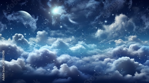Fantasy night sky with stars, clouds and a bright shining moon