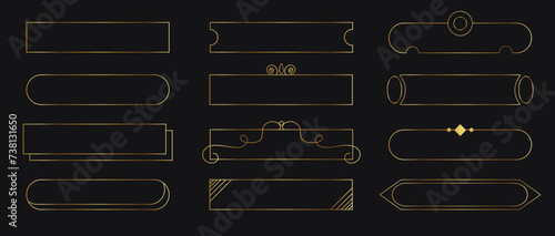 UI elements collection. Gold metal frames with decoration. Frames of various shapes, frames for name, buttons for games medieval style. 