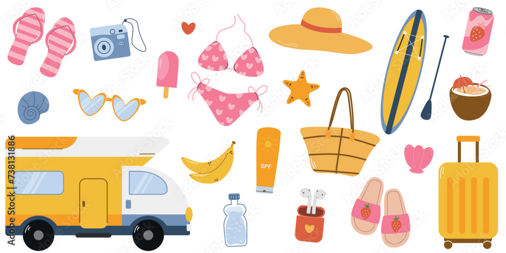 Vector set of summer stickers, icons, Collection of scrapbooking elements for a beach party