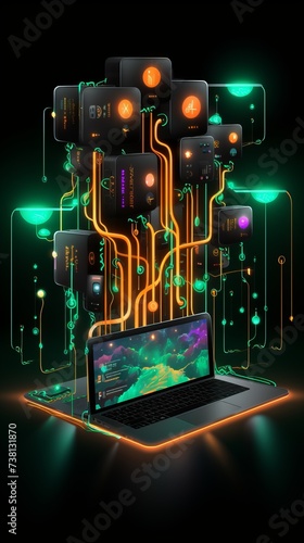 A laptop computer with a glowing green circuit board and a number of glowing green and orange hexagons.