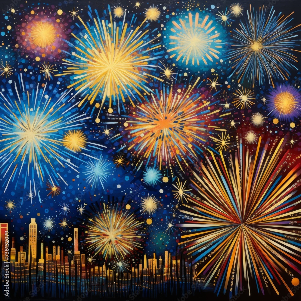 Naklejka premium A Multitude of Fireworks Light Up the Night Sky Over a City