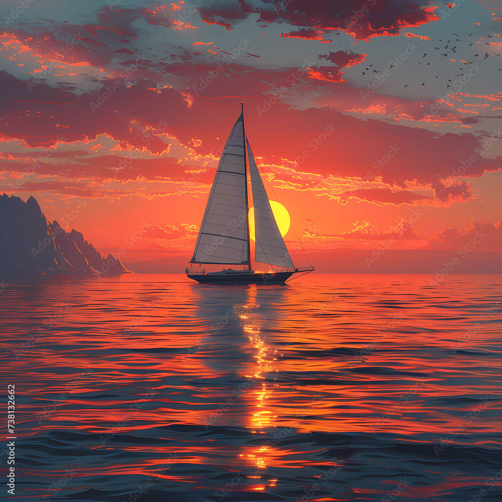 Tranquil Sailing at Golden Hour - Serene Ocean and Sailboat Silhouette