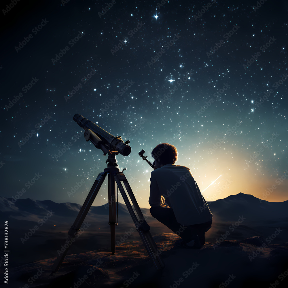 A person looking through a telescope at the stars. 