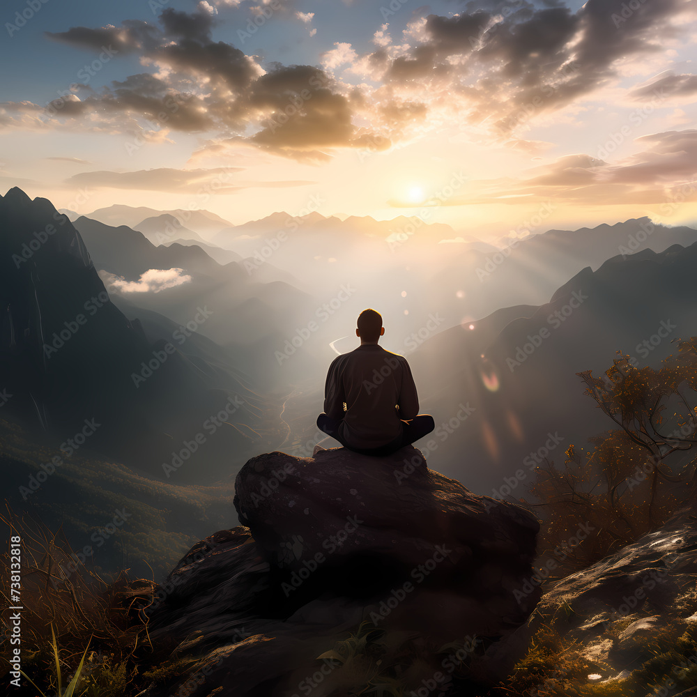 A person meditating on a mountaintop. 