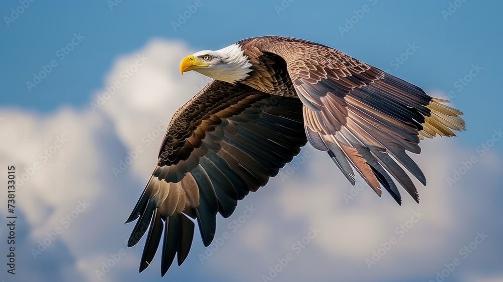 Fototapeta premium A majestic bald eagle soars through the sky
