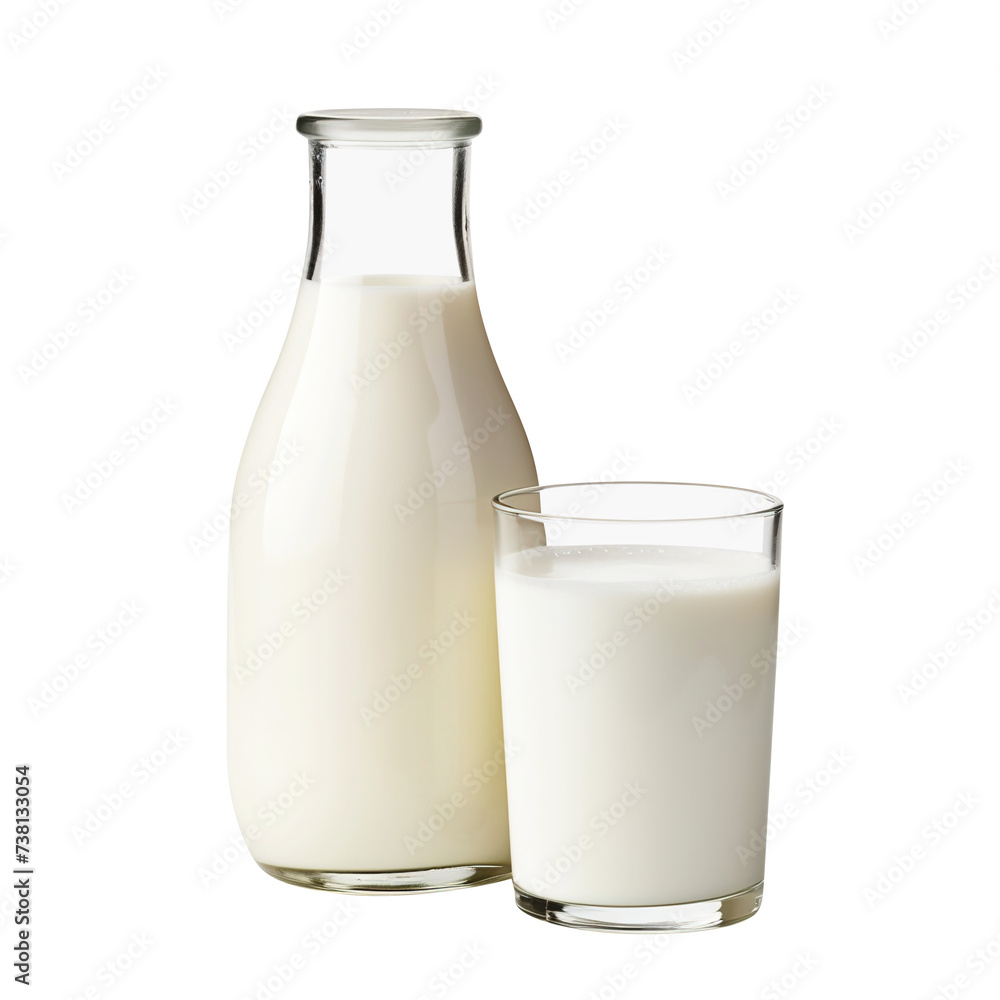 Bottle of milk and glass isolated on transparent background Remove png, Clipping Path, pen tool Bottle of milk and glass isolated on transparent background Remove png, Clipping Path, pen tool