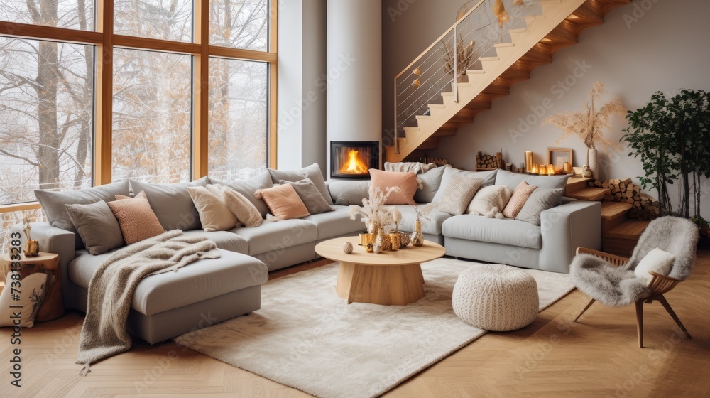 Fototapeta premium A cozy living room with a fireplace and a large sectional sofa