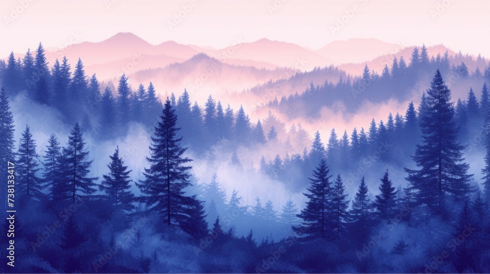 Blue misty mountains and pine trees landscape illustration