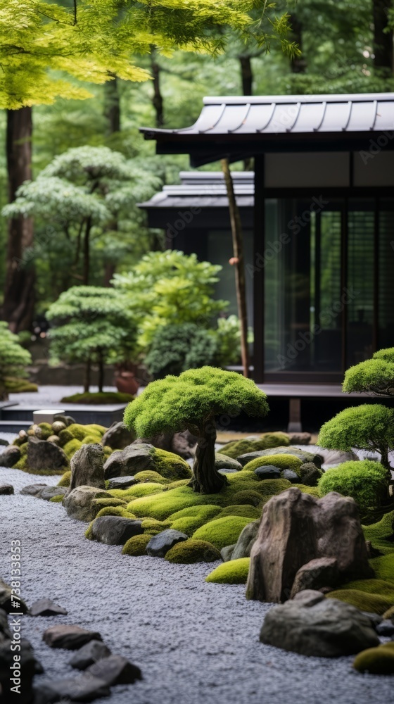 Fototapeta premium A Zen garden with a small tree, rocks, and moss