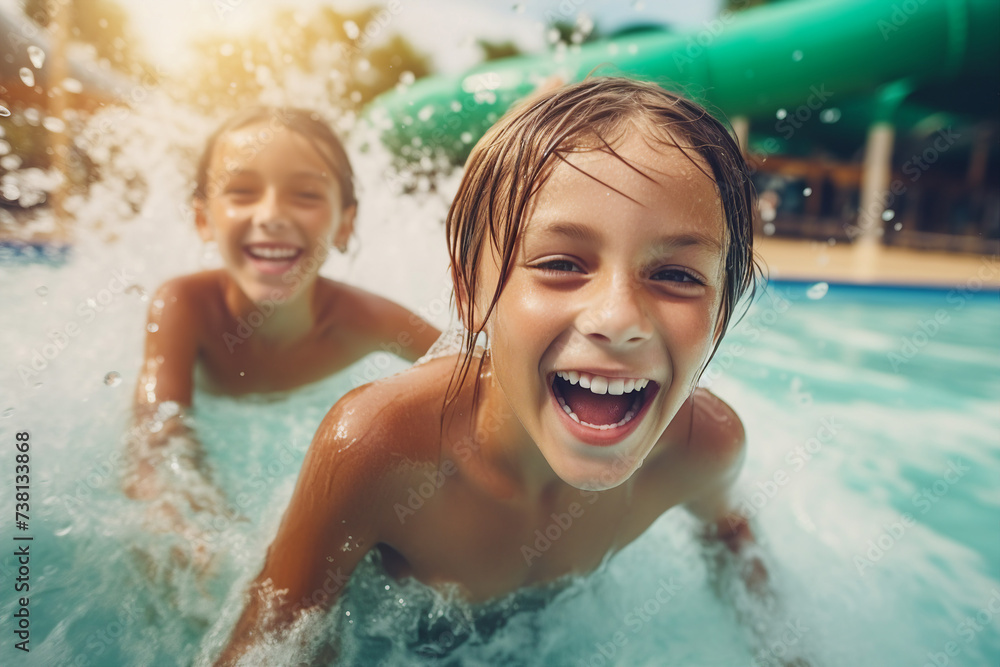 Generative AI picture aquatic excitement concept summer delight vibrant colorful sunny day aqua park family time