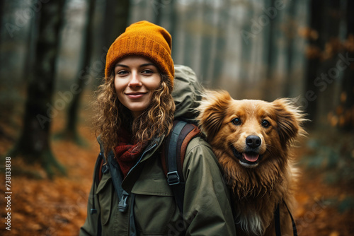 Photo of happy female person with best friend fluffy dog in forest generative AI