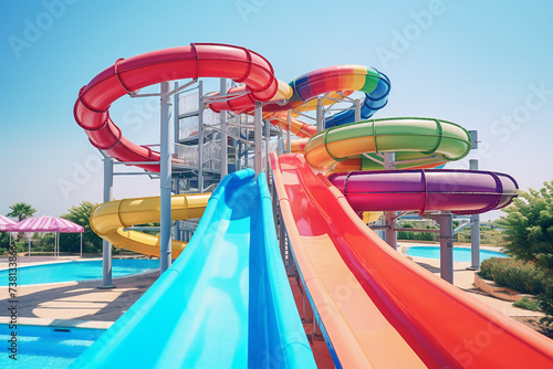 Generative AI picture aquatic excitement concept summer delight vibrant colorful sunny day aqua park family time