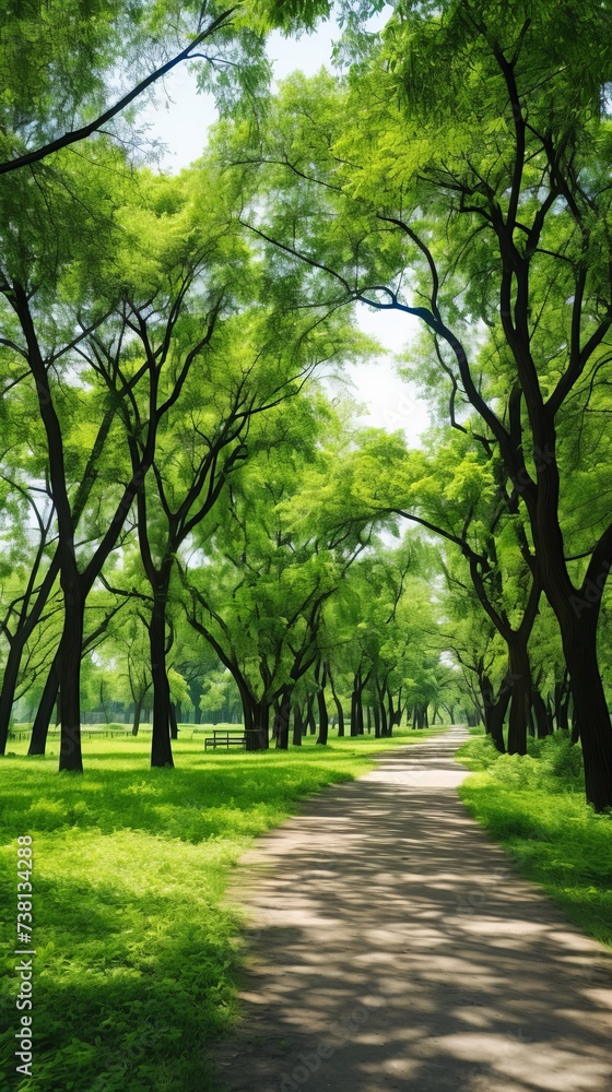 The path through the park is surrounded by lush green trees. The path through the park is surrounded by lush green trees.