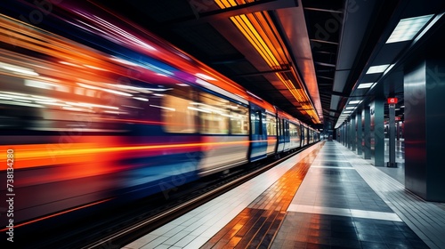 A subway train speeds through a station