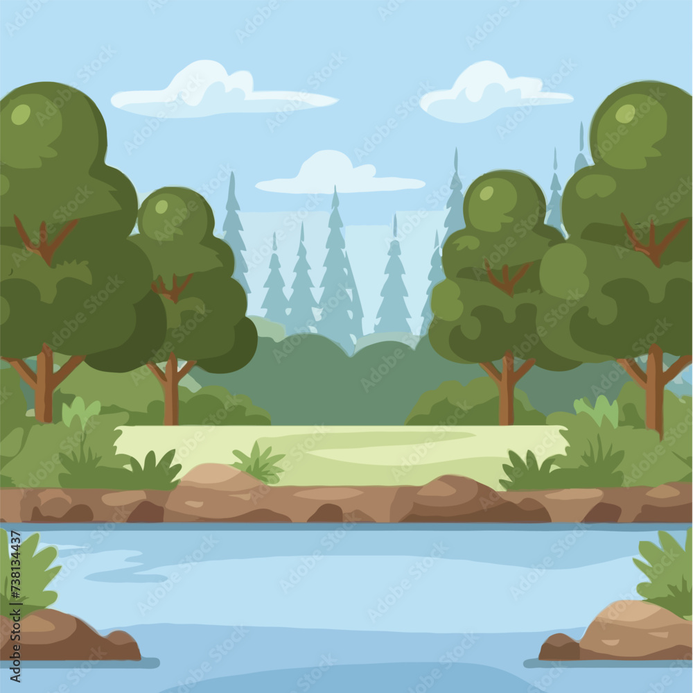 Vector beautiful river and mountain landscape illustration