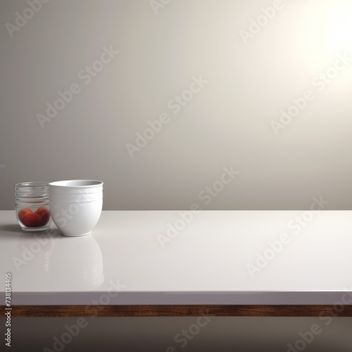 White ceramic bowl and glass jar with strawberries on a glossy white table with a blurred background