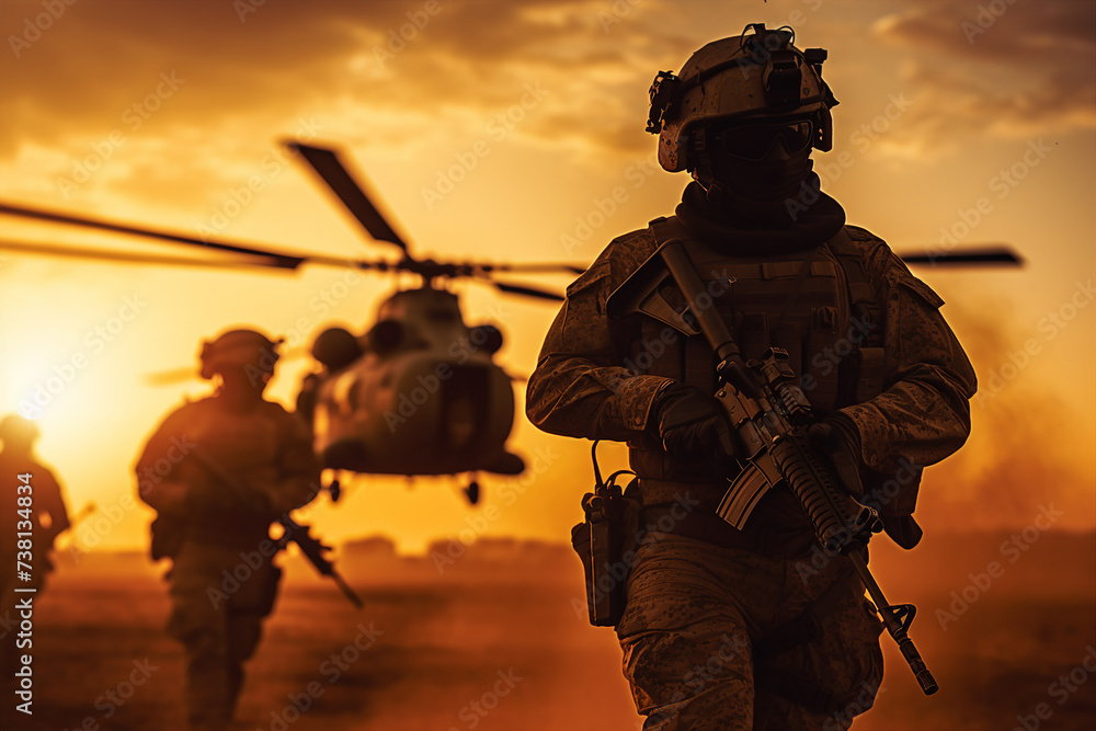 Generative AI image of helicopter landing and special forces soldiers fighting in a battle field Generative AI image of helicopter landing and special forces soldiers fighting in a battle field
