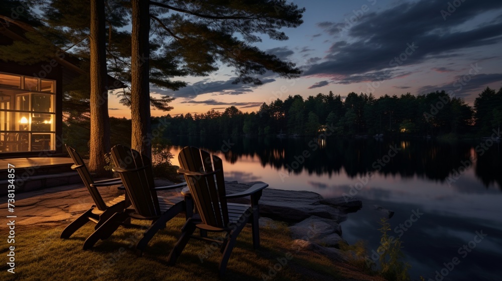 At dusk, a white cottage nestled between green trees facing a tranquil lake. There are two Muskoka chairs in the backdrop. a long exposure photograph