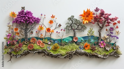 A whimsical and vibrant collage artwork of a surreal forest scene with flowers and trees made of paper and other materials