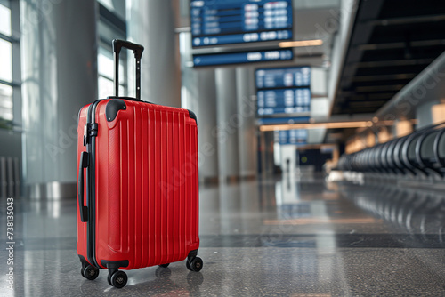 Modern red hardshell suitcase standing in an airport terminal, sleek design, travel-ready, with flight information displays in the background