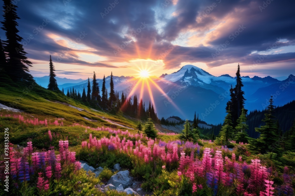 Mount Rainier, also known as Tahoma, is a large active stratovolcano in the Cascade Range of the Pacific Northwest in the United States - obrazy, fototapety, plakaty 