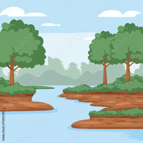 Vector beautiful river and mountain landscape illustration