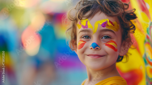 Smiling child with face paint, looking at the camera, festive atmosphere, colorful background, embodying fun and creativity
