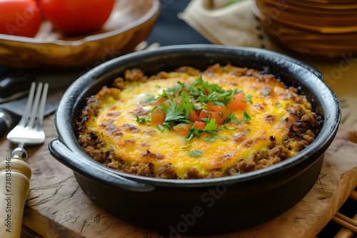 Detailed view of a South African bobotie dish, spiced minced meat with an egg-based topping, traditional recipe, stock photo.