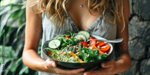 Woman holding a bowl with healthy vegan breakfast. Fresh salad