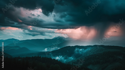 Storm clouds over a dark landscape, symbolizing problems and tough times ahead, moody and dramatic atmosphere