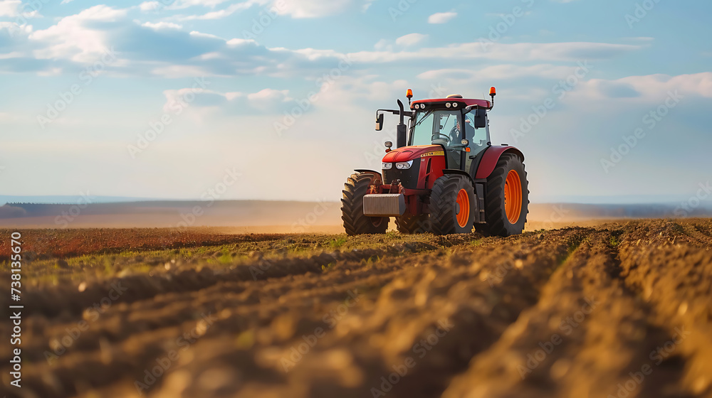 Fototapeta premium Tractor plowing field with seedbed cultivator at springtime