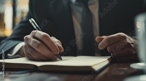 Businessman diligently working and jotting down notes in a paper notebook