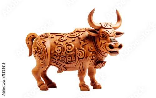 The Lone Journey of a Chinese Wooden Ox Isolated on Transparent Background PNG.
