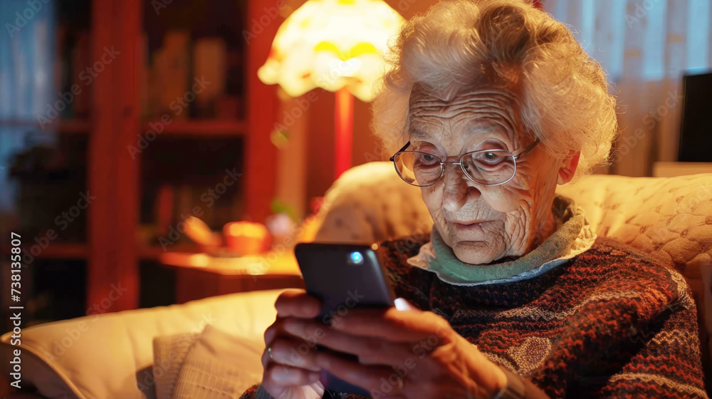 Elderly people in the digital age concep, Grandma holding the smartphone in browsing wireless Internet, looking at screen, chatting in social network or shopping online, relax at home. Elderly people in the digital age concep, Grandma holding the smartphone in browsing wireless Internet, looking at screen, chatting in social network or shopping online, relax at home.