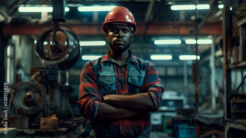 African American man confidently wears a safety helmet while diligently working in a well-equipped workshop. photo