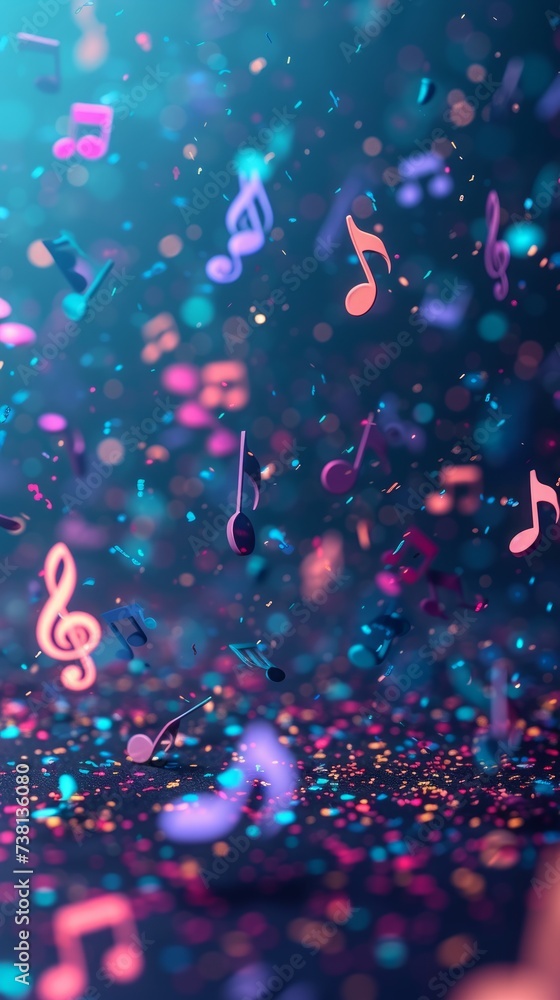 Colorful 3D Music Notes Falling Against a Dark Background