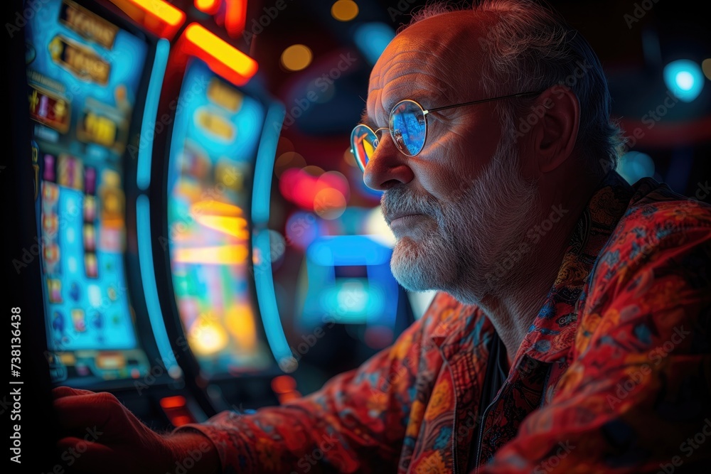 Casino addiction, manm spends hours at the slot machines, mesmerized by the spinning reels and the chance to hit the jackpot, unaware of how much money they're spending Casino addiction, manm spends hours at the slot machines, mesmerized by the spinning reels and the chance to hit the jackpot, unaware of how much money they're spending
