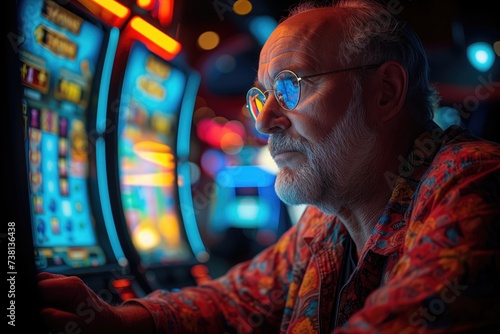 Casino addiction, manm spends hours at the slot machines, mesmerized by the spinning reels and the chance to hit the jackpot, unaware of how much money they're spending