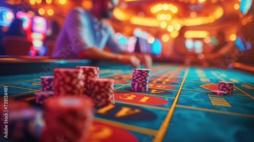 A wealthy businessman frequents the casino, betting large sums of money on games like blackjack and roulette, enjoying the adrenaline rush of high-stakes gambling. Addiction from casino photo