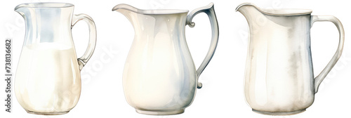 Set of Milk jug, watercolor illustration, isolated on transparent background